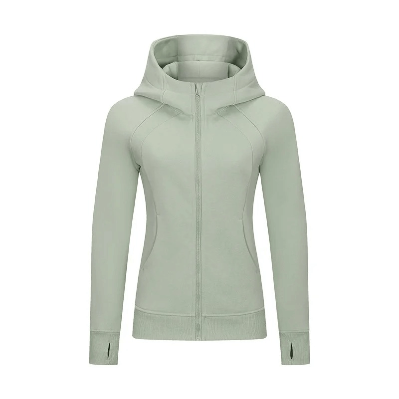 Women's zip-up athletic fleece hoodie, light green, long sleeves, stand collar, comfortable polyester-cotton blend, SF1919 model.
