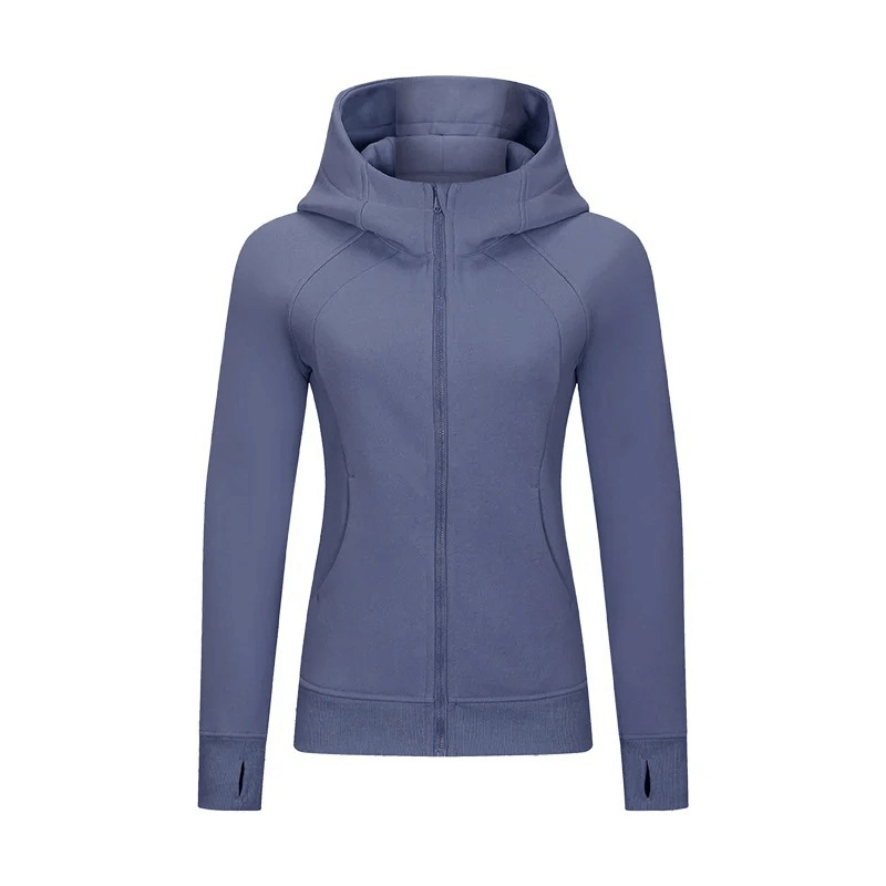 Blue zip-up athletic fleece hoodie for women with full-length sleeves and stand collar, made of a cotton-polyester blend.