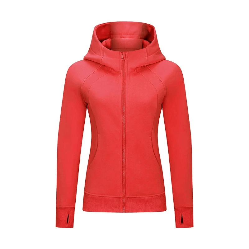 Women's red zip-up athletic fleece hoodie with full-length sleeves and stand collar, SF1919 model.