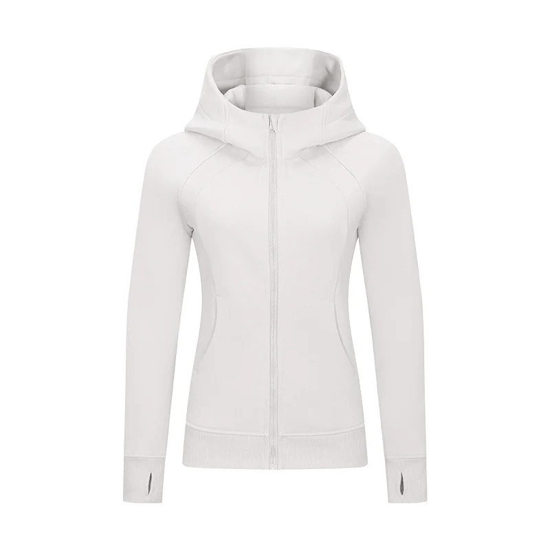 White zip-up athletic fleece hoodie for women with stand collar and long sleeves, made from a cotton-polyester blend.