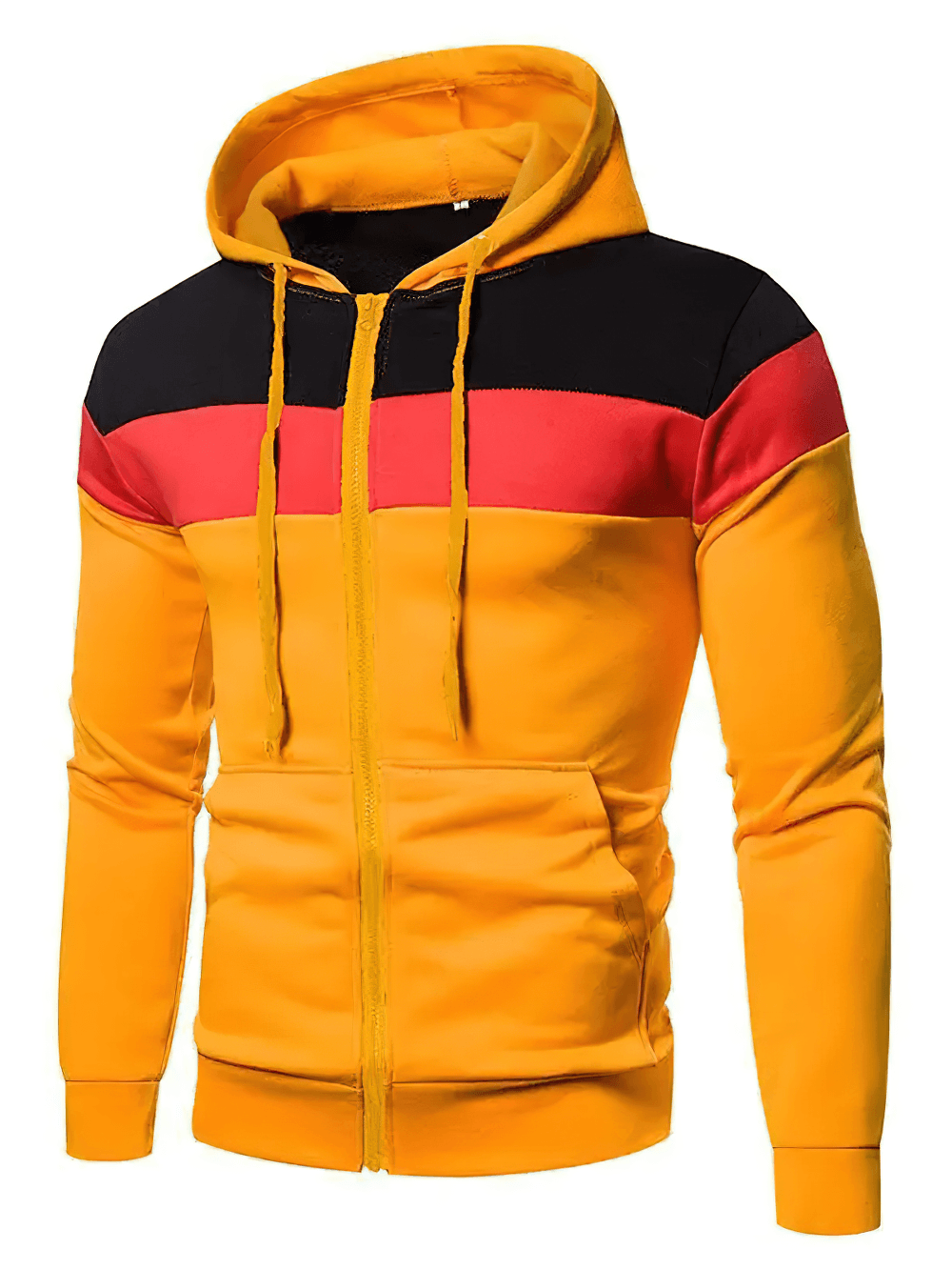 Zip-Up Color Block Hoodie with Drawstring Hood - SF4716 in yellow, black, and red color blocks.