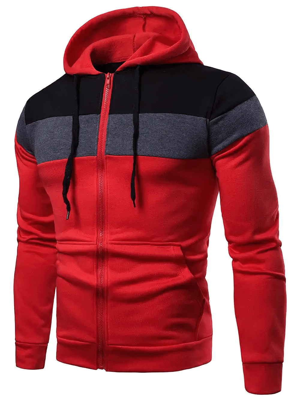 Zip-Up Color Block Hoodie with Drawstring Hood - SF4716 in red with sporty contrast panels.