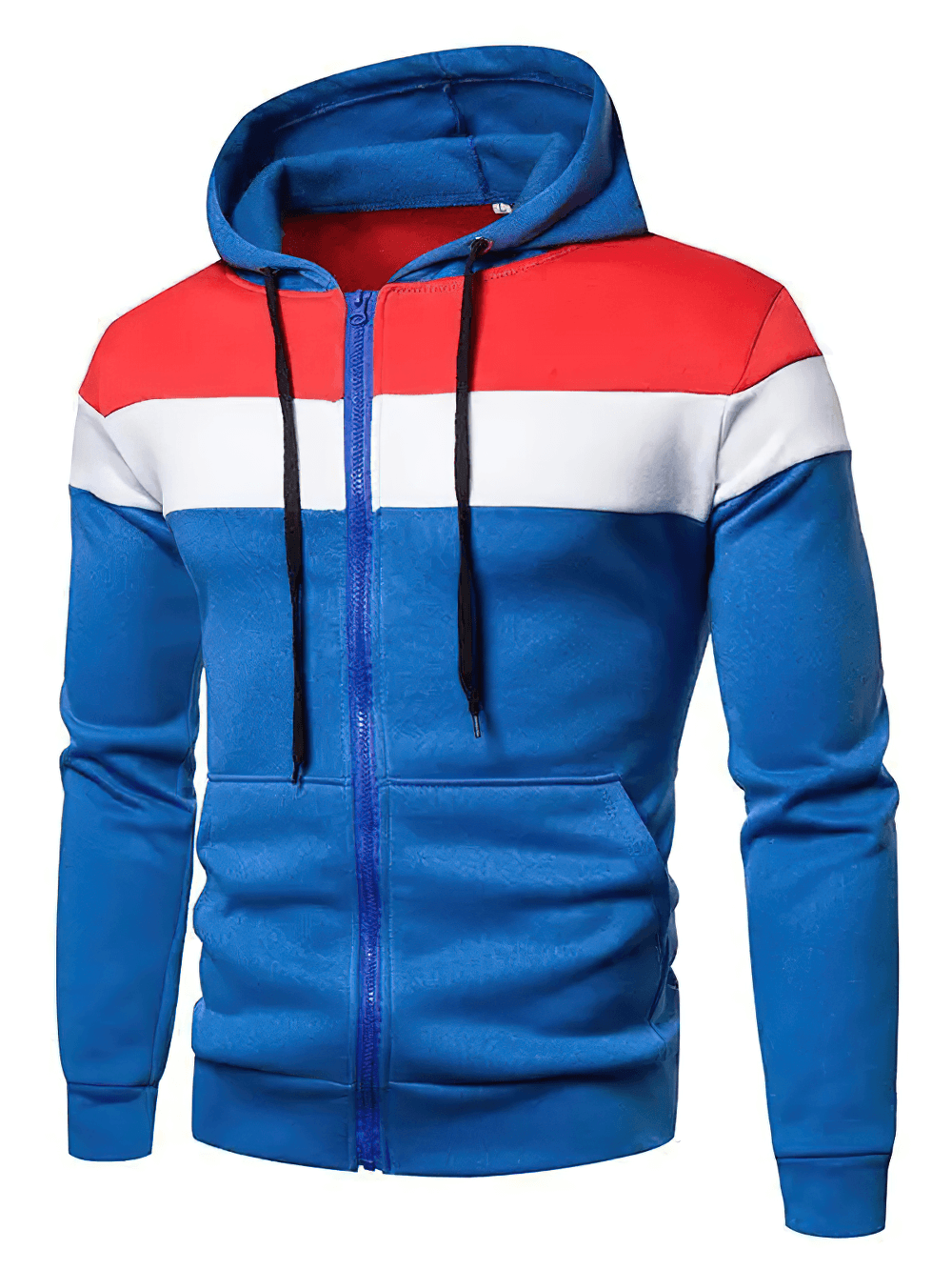 Zip-Up Color Block Hoodie with Drawstring Hood - SF4716 in blue, red, and white with front pockets and sporty design.