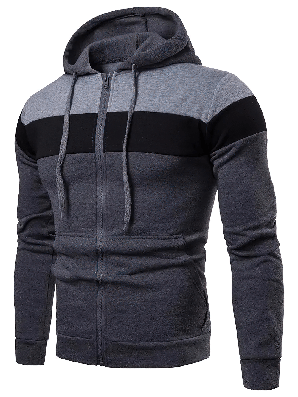 Zip-Up Color Block Hoodie with Drawstring Hood - SF4716 in gray with black and light gray color blocks.
