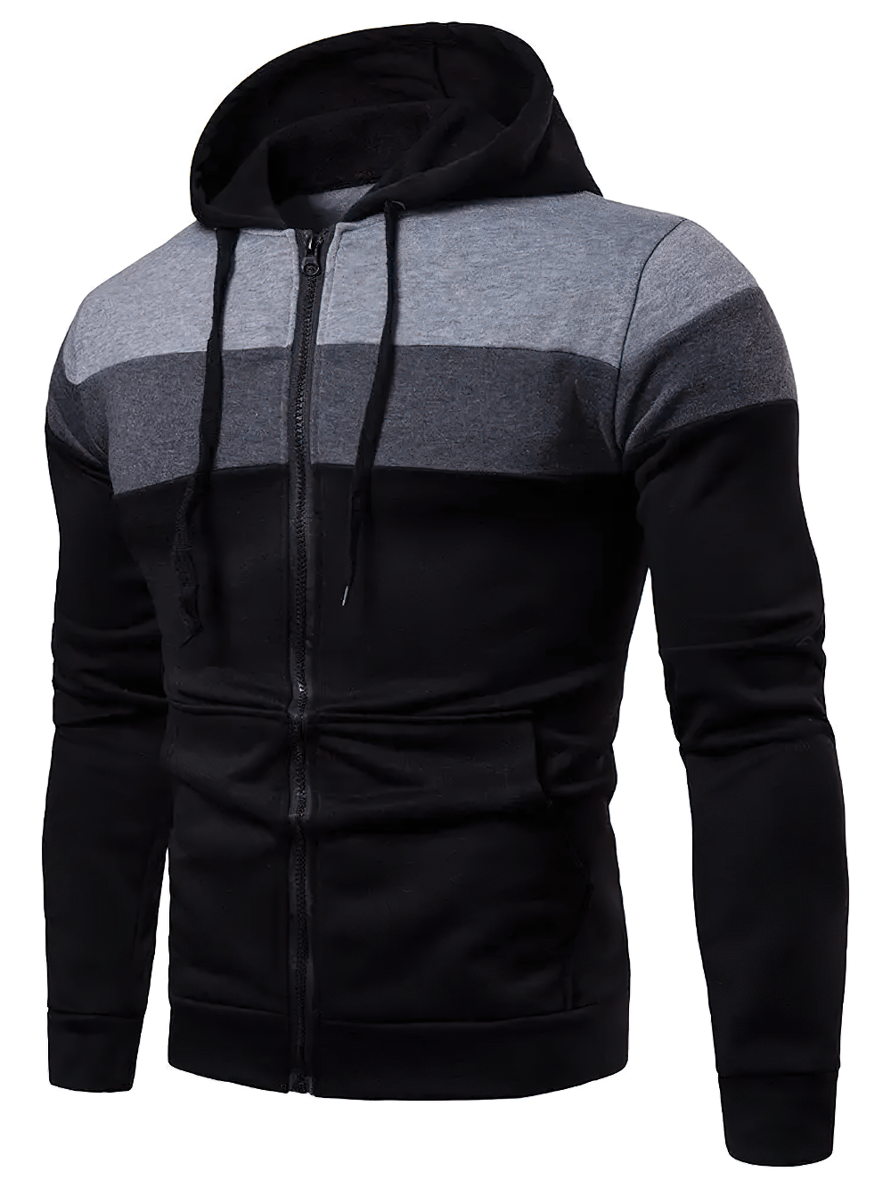 Zip-Up Color Block Hoodie with Drawstring Hood - SF4716 in sporty black and gray color combination.