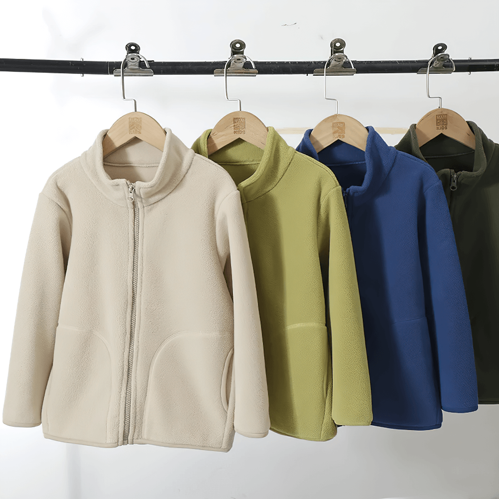 Zip-Up Fleece Jacket with Stand Collar - SF3532 in beige, green, blue, and navy on hangers.