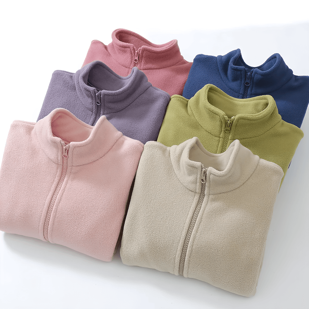 Stack of Zip-Up Fleece Jacket with Stand Collar - SF3532 in pink, navy, beige, green, purple displaying design and color variety.