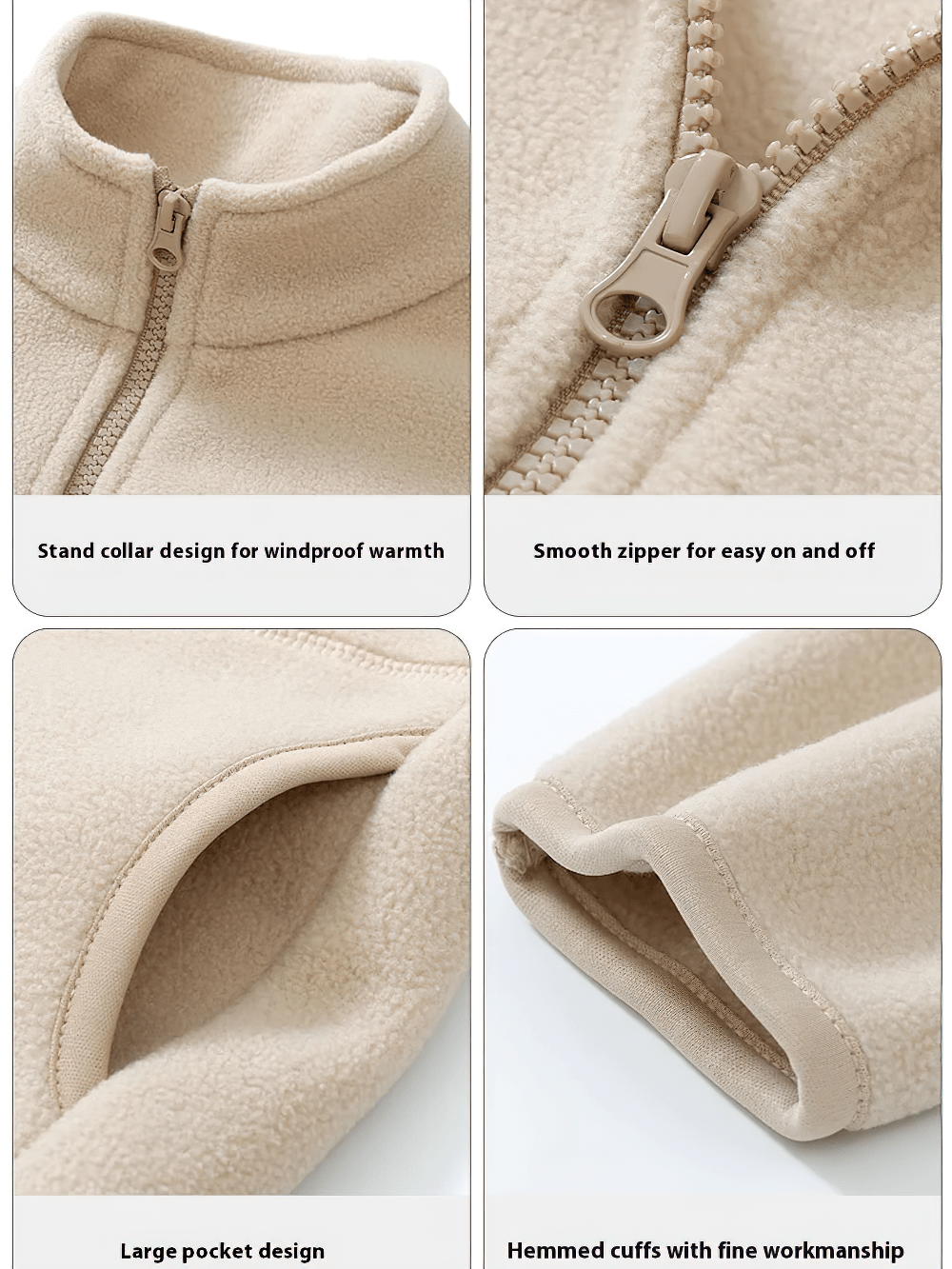 Close-up views of Zip-Up Fleece Jacket with Stand Collar - SF3532 highlighting collar, zipper, pockets, and cuffs in beige color.
