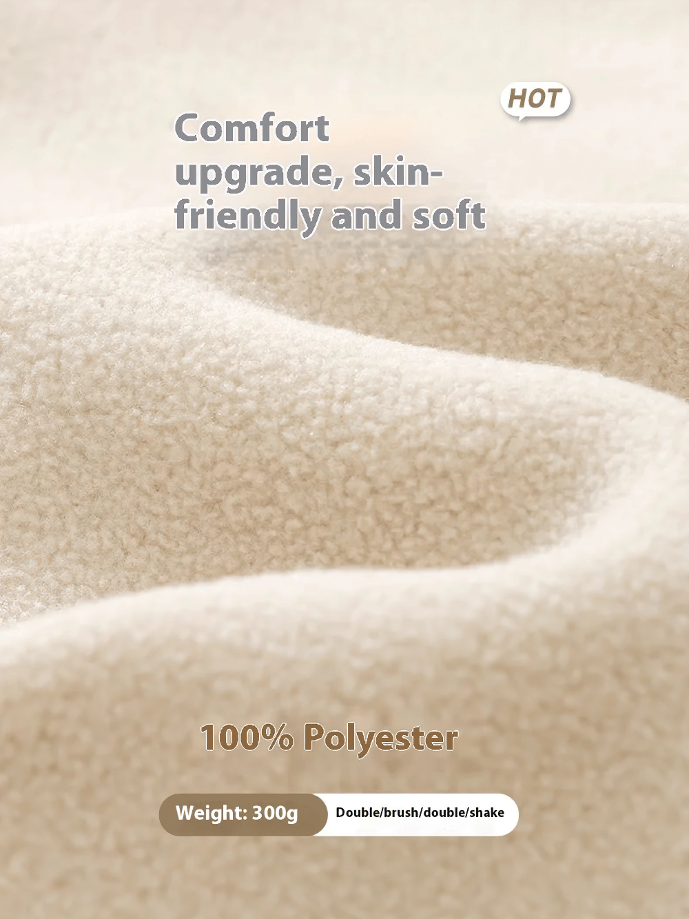 Close-up of soft beige polyester fabric for Zip-Up Fleece Jacket with Stand Collar - SF3532, highlighting comfort and texture.