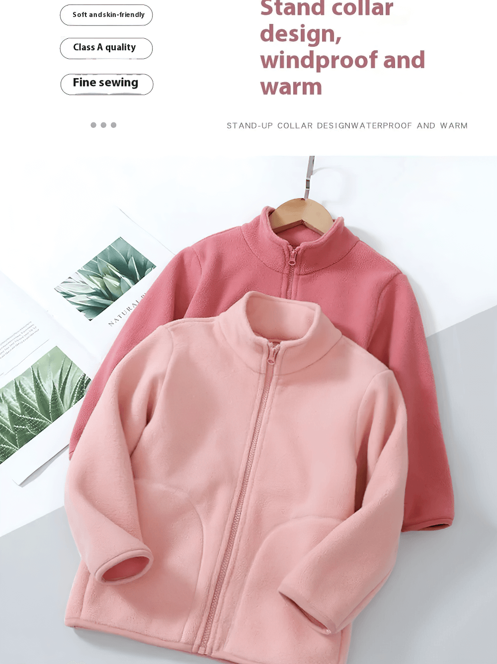 Zip-Up Fleece Jacket with Stand Collar - SF3532 in pink and red, warm fleece with windproof collar, perfect for daily wear and outdoor activities.