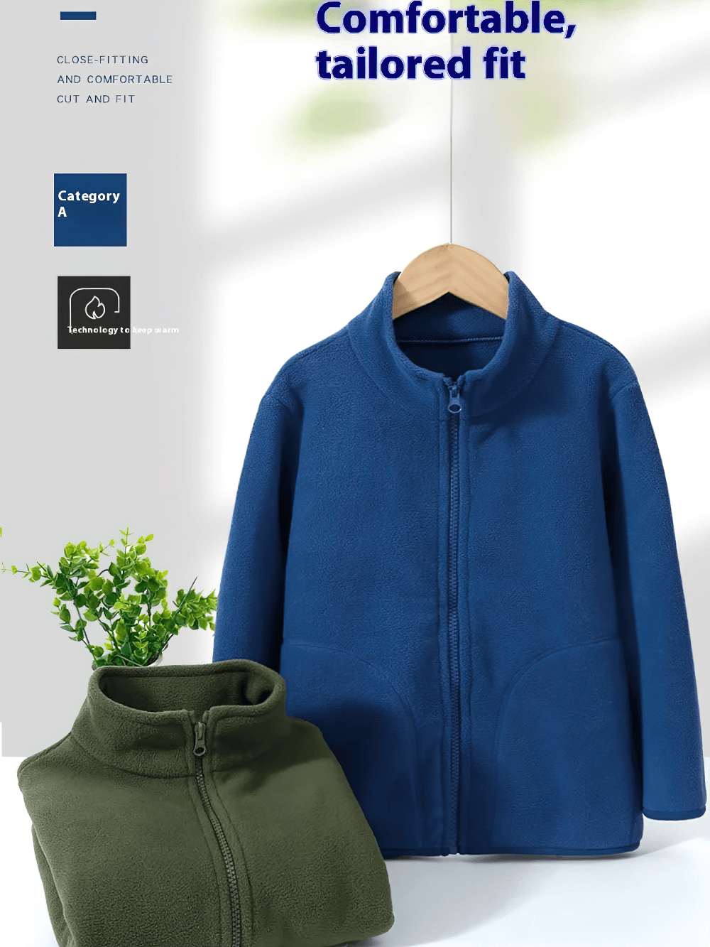 Zip-Up Fleece Jacket with Stand Collar - SF3532 in blue and green, showcasing comfortable tailored fit for outdoor activities and daily wear.