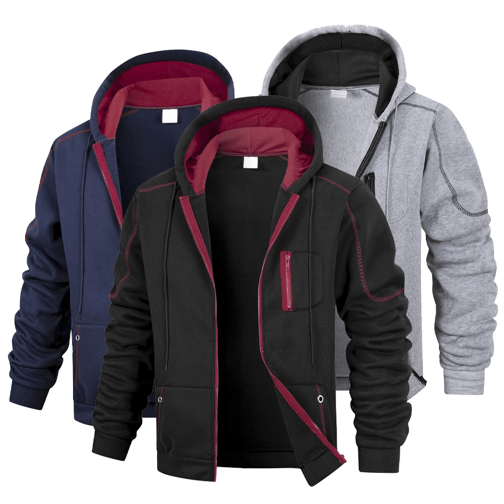 Zip-Up Hoodie Jacket with Contrast Stitch Pockets - SF4677 in three stylish colors.