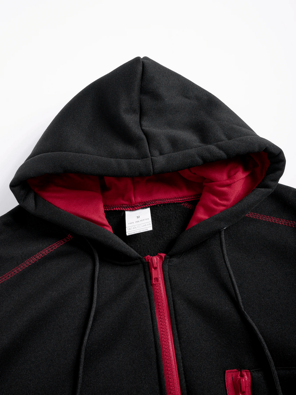 Zip-Up Hoodie Jacket with Contrast Stitch Pockets - SF4677 featuring a stylish hood and red contrast details.