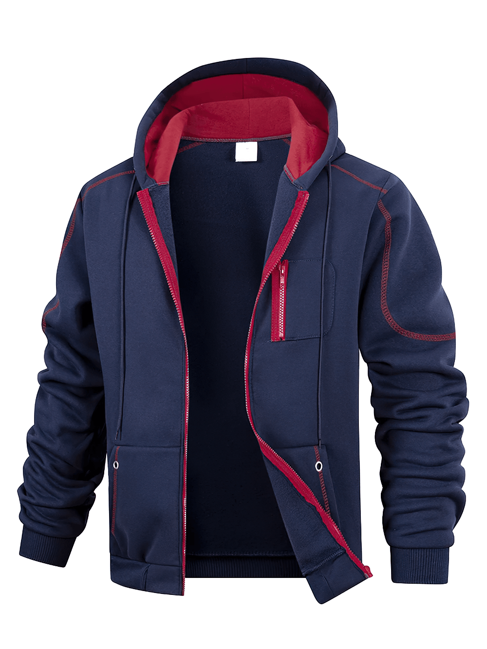 Zip-Up Hoodie Jacket with Contrast Stitch Pockets - SF4677 in navy with red accents and zip chest pocket.