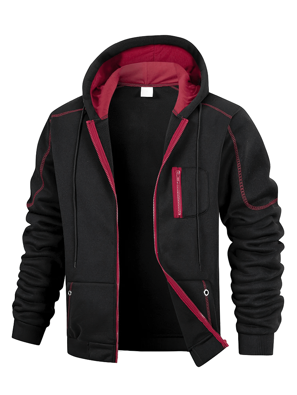 Zip-Up Hoodie Jacket with Contrast Stitch Pockets - SF4677 in black with contrast stitching and chest zip pocket.
