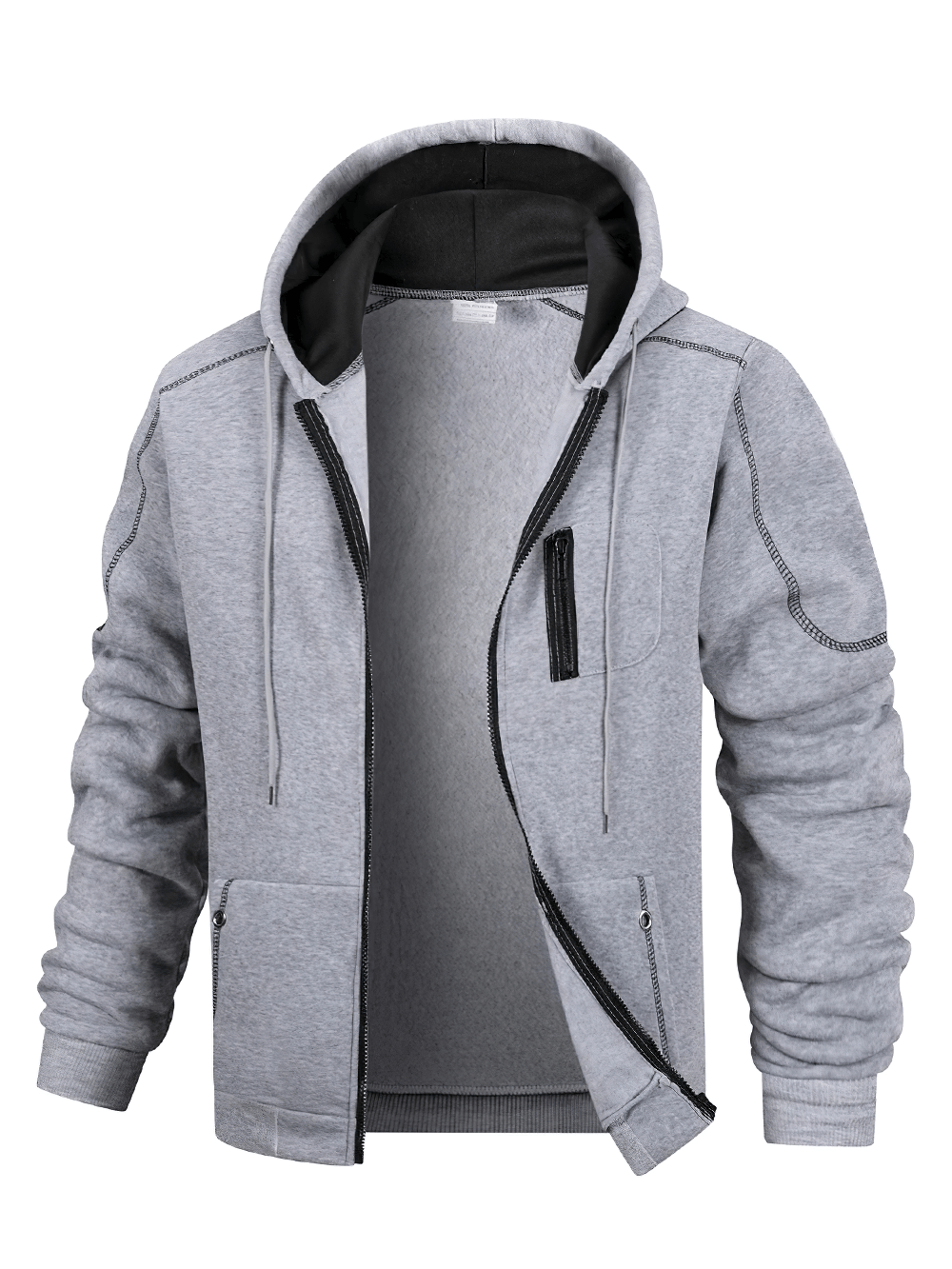 Zip-Up Hoodie Jacket with Contrast Stitch Pockets - SF4677 in gray, featuring a zip front and drawstring hood.