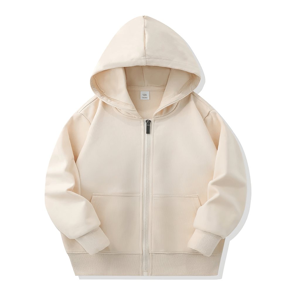 Zip Up Hoodie Sweatshirt with Kangaroo Pockets - SF3540 in beige color, perfect casual sportswear for boys and girls with soft fleece interior.