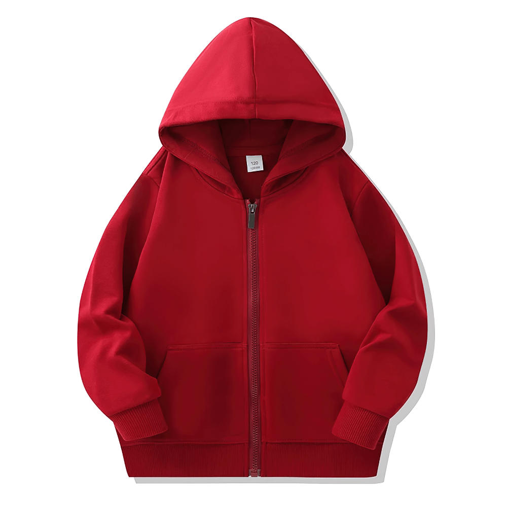 Red Zip Up Hoodie Sweatshirt with Kangaroo Pockets - SF3540 for kids, featuring soft fleece and ribbed cuffs.