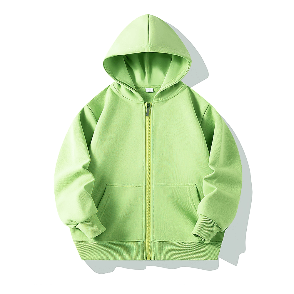 Green Zip Up Hoodie Sweatshirt with Kangaroo Pockets - SF3540 for kids, featuring ribbed cuffs and soft fleece interior.