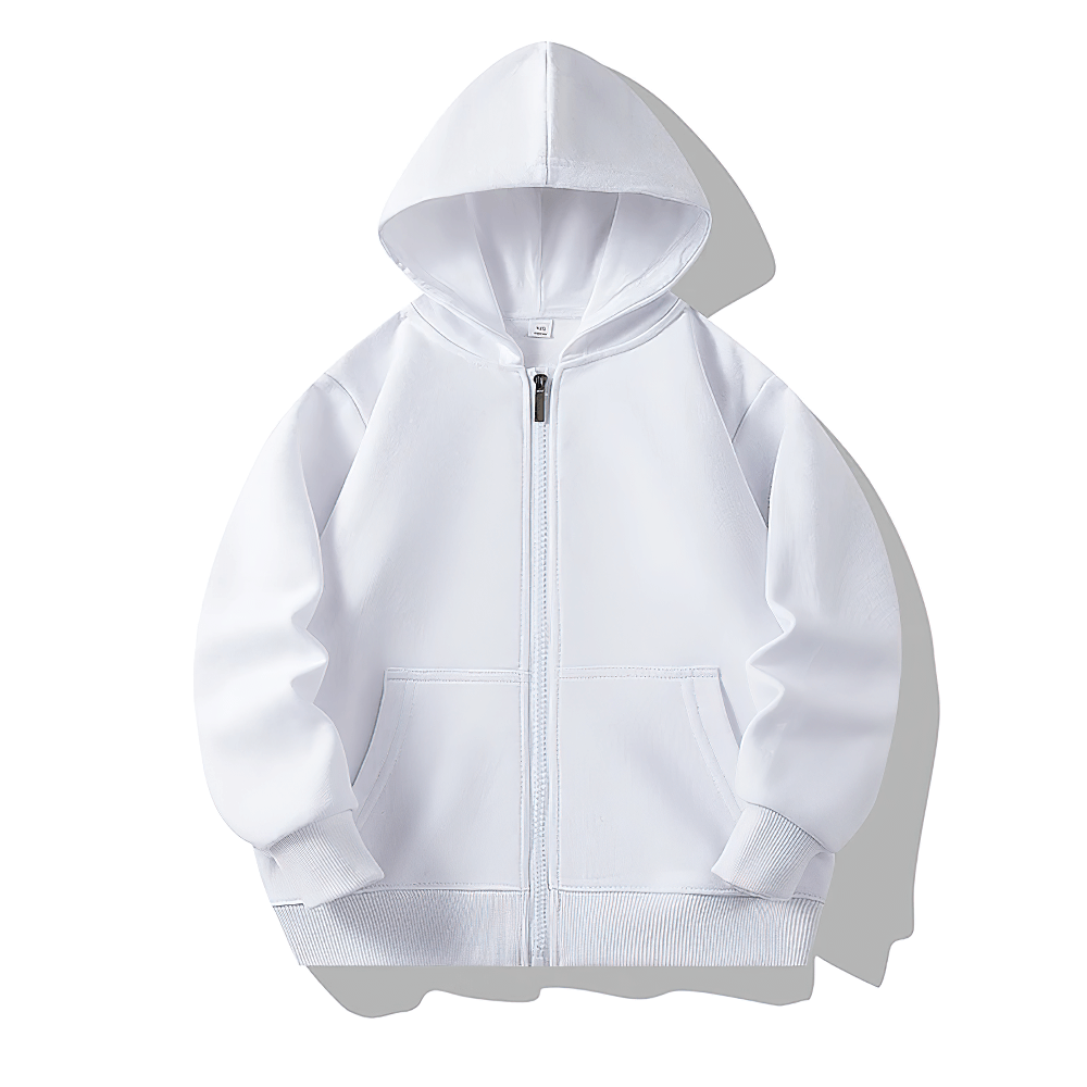 White Zip Up Hoodie Sweatshirt with Kangaroo Pockets - SF3540 for kids, featuring a soft fleece interior and ribbed cuffs.