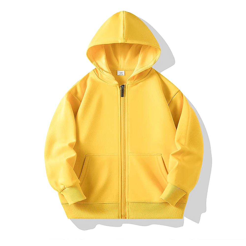 Yellow Zip Up Hoodie Sweatshirt with Kangaroo Pockets - SF3540 for kids, featuring a soft fleece interior and ribbed cuffs.
