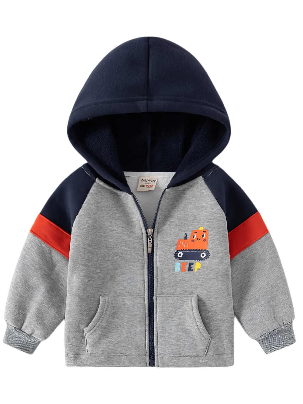Zip-Up Hoodie with Tractor and Car Designs - SF3657, boys' grey and navy hoodie with colorful tractor design and soft lining.