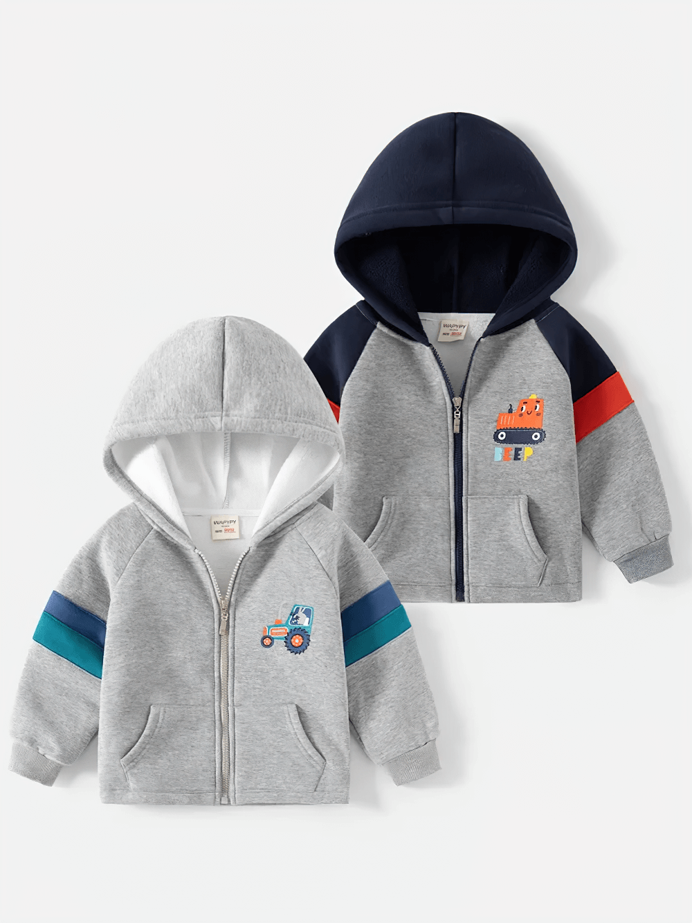 Zip-Up Hoodie with Tractor and Car Designs - SF3657 in grey and navy, perfect for boys' playtime with cute vehicle graphics.