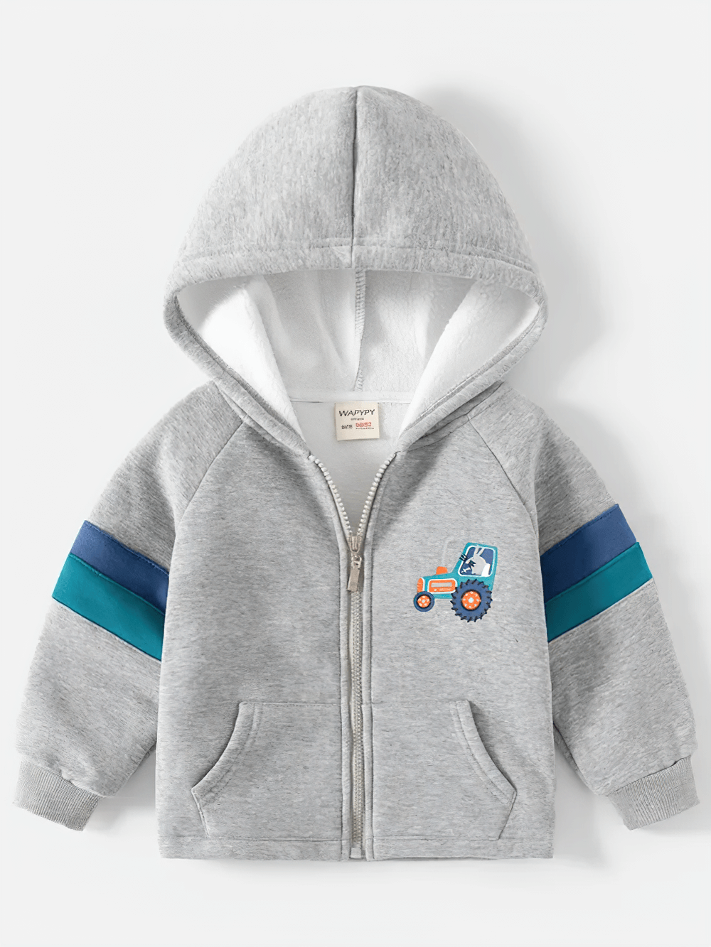 Cute Zip-Up Hoodie with Tractor and Car Designs - SF3657 for boys, featuring a grey hoodie with blue striped sleeves and an embroidered tractor.