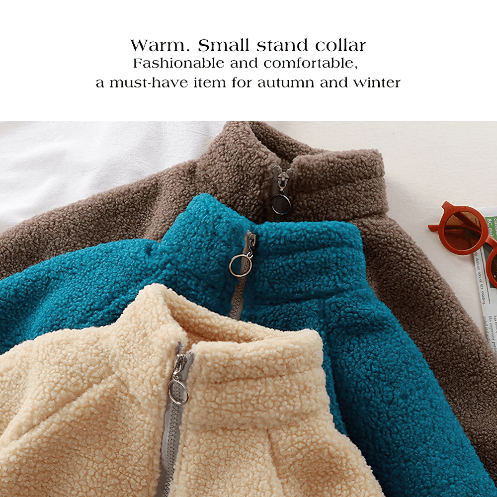 Zip-Up Sherpa Fleece Jacket with Stand Collar - SF3529 in brown, blue, and cream for kids' winter wear, featuring plush warmth and style.
