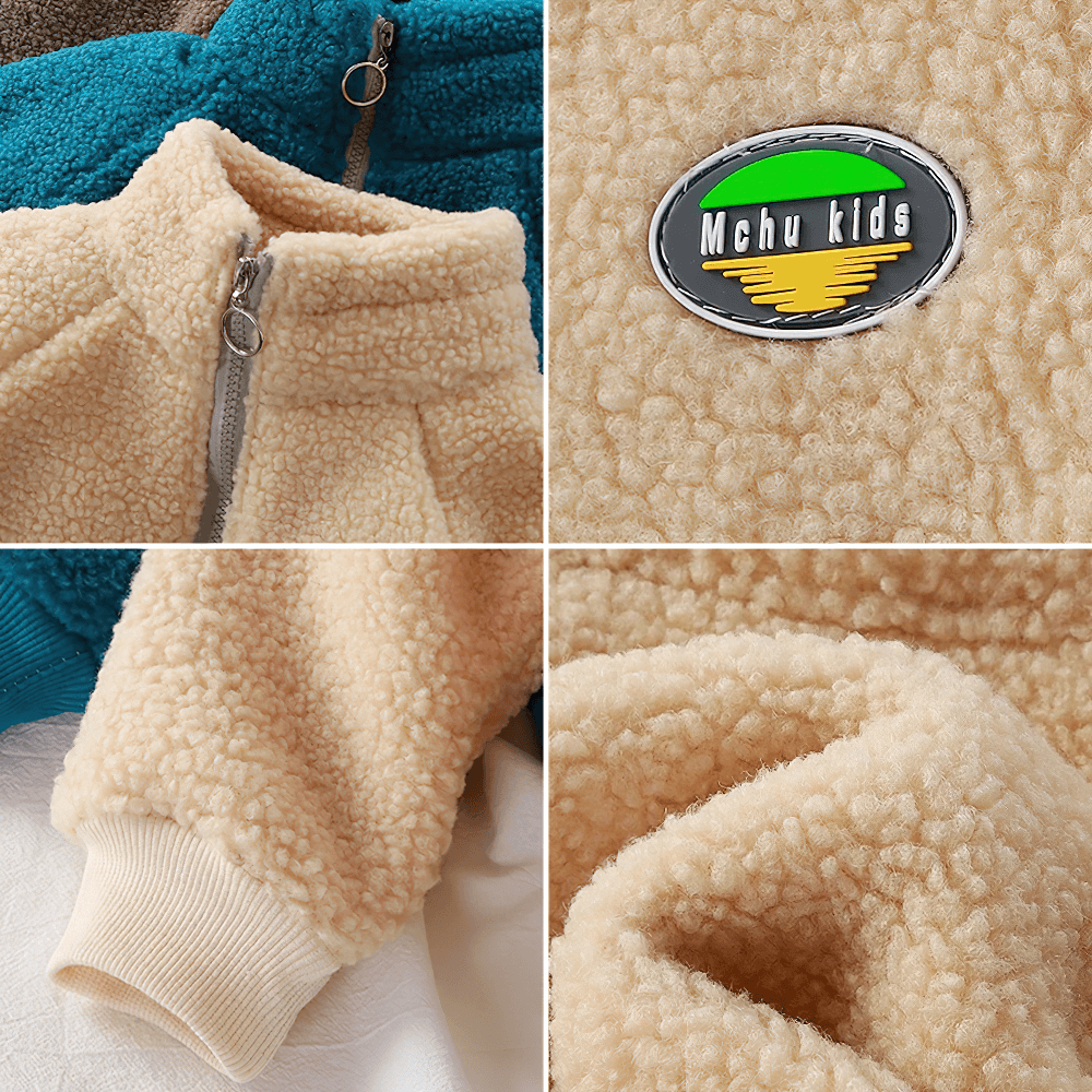 Zip-Up Sherpa Fleece Jacket with Stand Collar - SF3529 featuring soft fleece texture and "Mchu Kids" patch, ideal for winter wear.