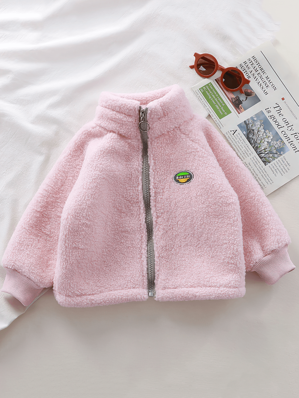Zip-Up Sherpa Fleece Jacket with Stand Collar - SF3529 in pink with "Mchu Kids" patch, perfect winter wear for kids.