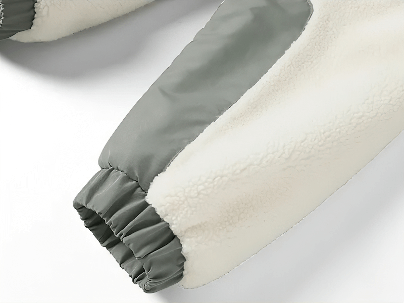 Cozy close-up of green and white sleeve on Zipper Fleece Loose Fluffy Jacket SF1884, showcasing soft fabric and stylish design.
