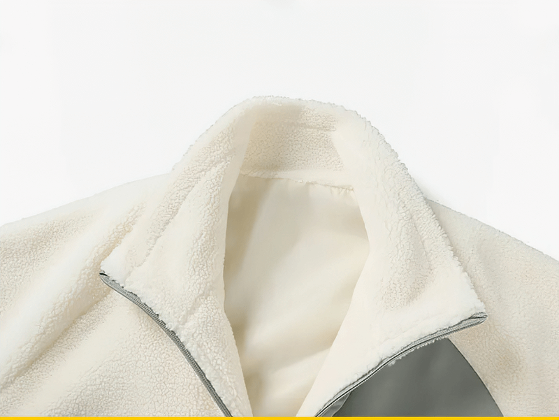 Close-up of Zipper Fleece Loose Fluffy Jacket collar, showcasing soft and durable cotton-polyester blend fabric, ideal for winter.
