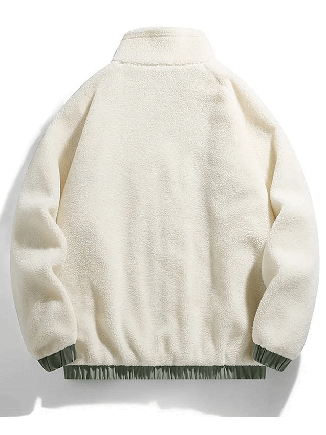 White Zipper Fleece Jacket with Pockets - SF1884, back view, showing patchwork design, perfect for men's winter fashion