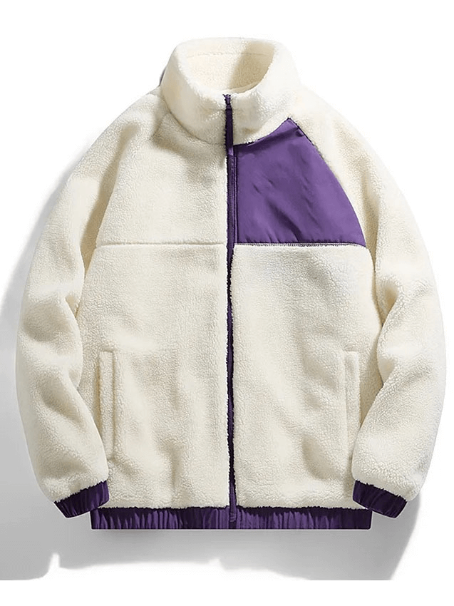 Zipper fleece loose fluffy jacket with pockets SF1884 in cream with purple accents, perfect for stylish male winter fashion and warmth.