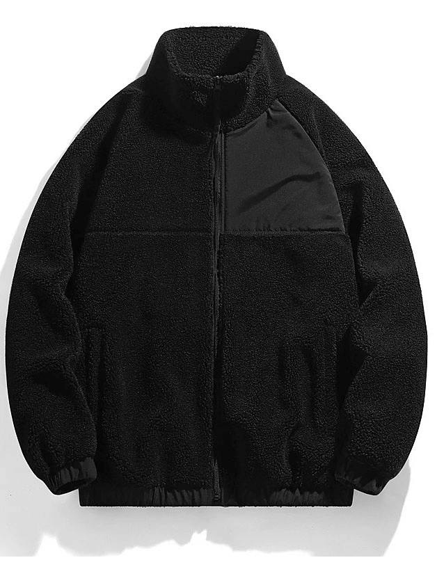 Zipper Fleece Loose Fluffy Jacket SF1884 with pockets, black polyester-cotton blend, ideal for male winter fashion and warmth.