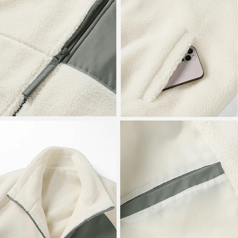 Close-up of cozy Zipper Fleece Loose Fluffy Jacket with practical pockets, stylish patchwork, and secure zipper closure. Ideal for winter fashion.