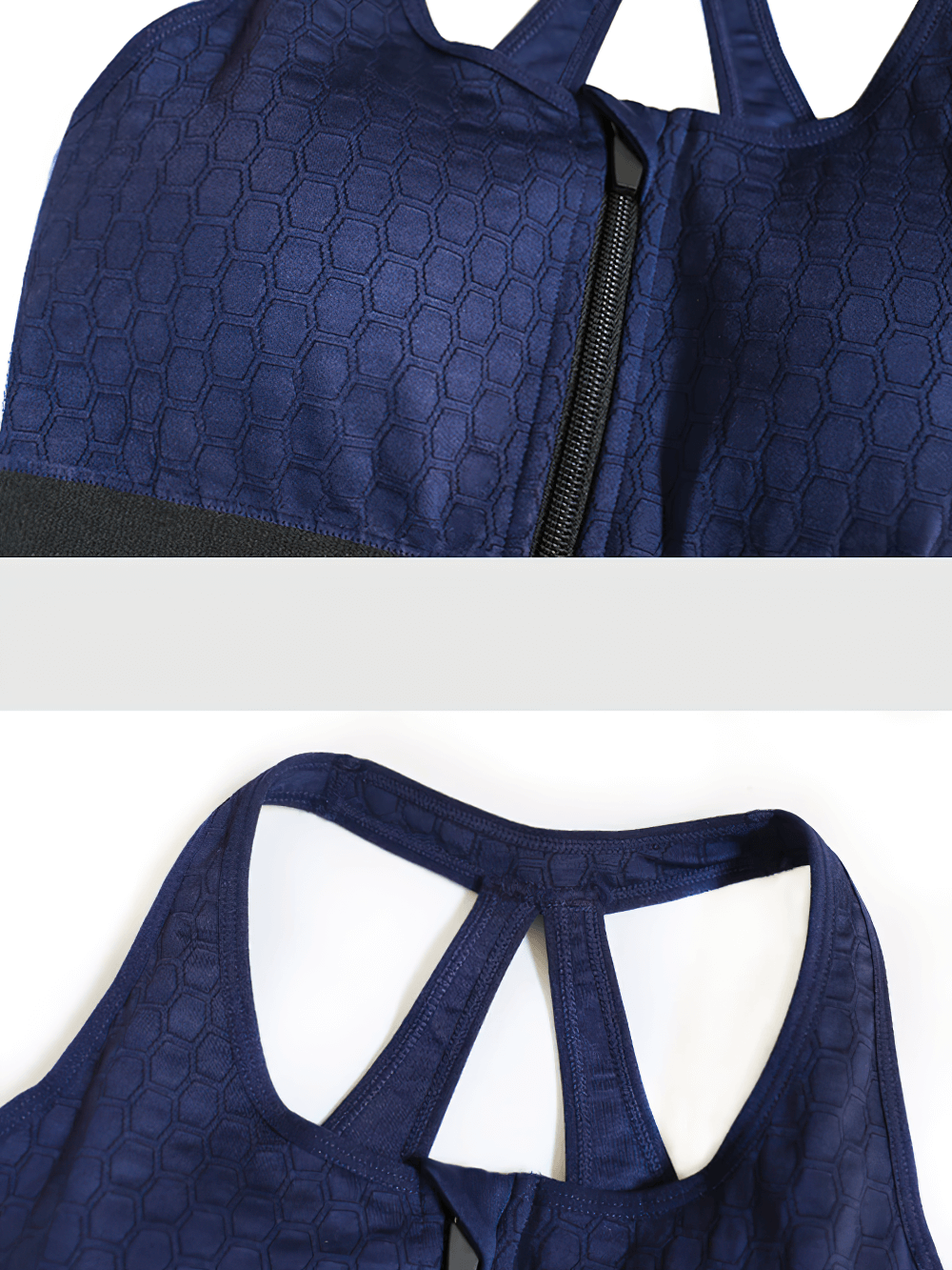 Navy shockproof sports bra with zipper front and racerback design, featuring a stylish honeycomb pattern for fitness activities.