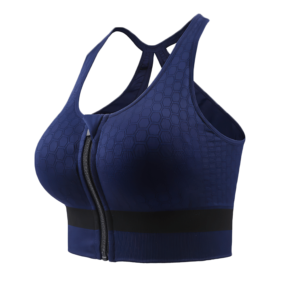 Navy Zipper Front Shockproof Sports Bra with Racerback and Hollow-Out Design for Fitness - SF2334