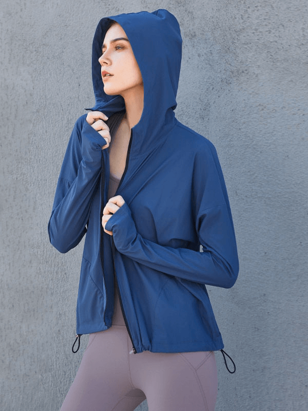 Zipper Hood Loose Fitness Jacket With Adjustable Drawstring for Women - SF1447