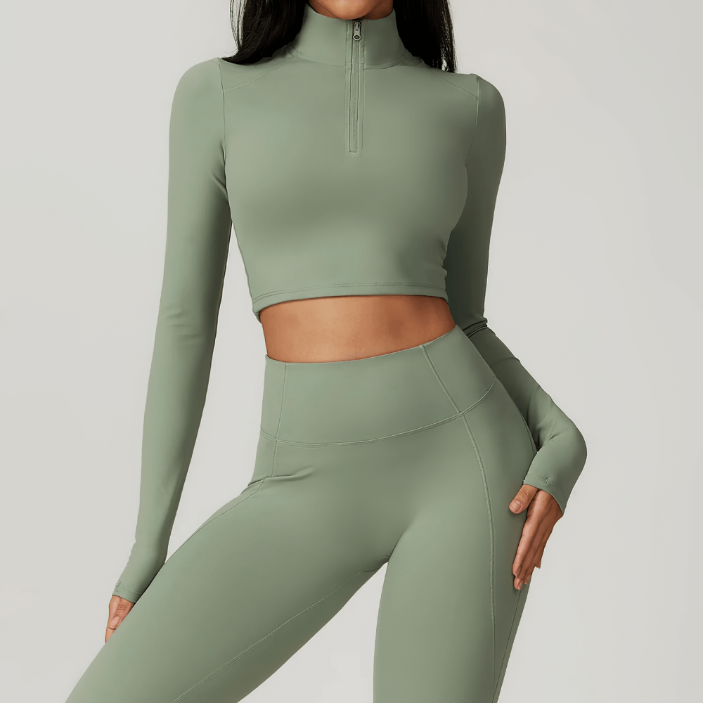 Zipper Yoga Crop Top Long Sleeve Workout Wear in sage green, ideal for fitness and movement. Model wearing SF2354 activewear top.