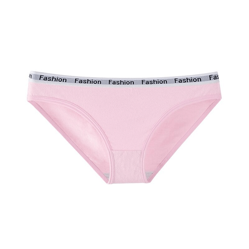 Pink cotton elastic waist briefs for women, featuring 'Fashion' waistband. Soft mid-rise design with spandex for comfort and flexibility.