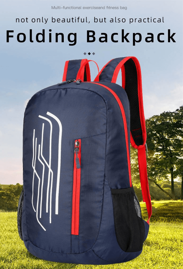 Blue and red ultralight folding backpack displayed outdoors, perfect for cycling and adventure, with stylish white detailing.