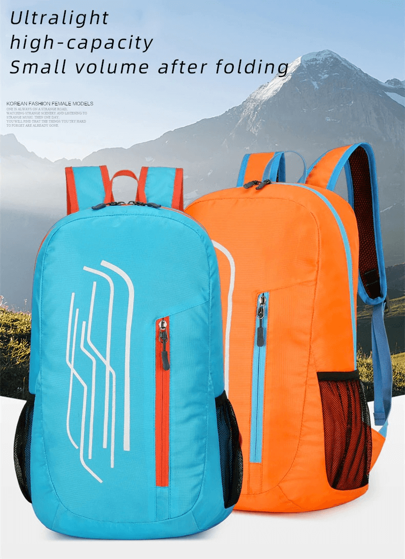 Ultralight 22L folding cycling backpack in blue and orange, perfect for adventures, with high capacity and compact design.