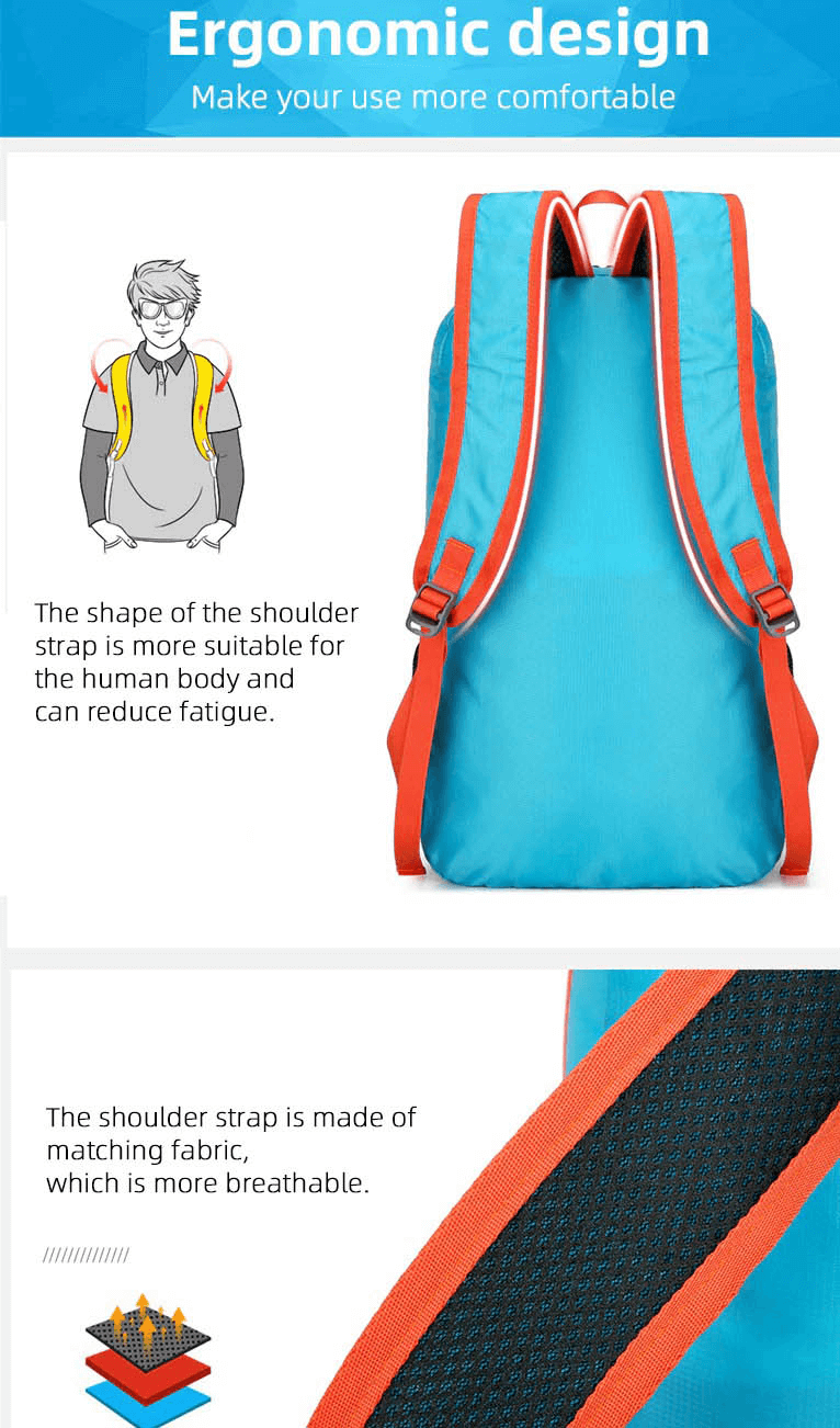 "Ergonomic design of 22L foldable ultralight cycling backpack with breathable shoulder straps, shown in blue and red."