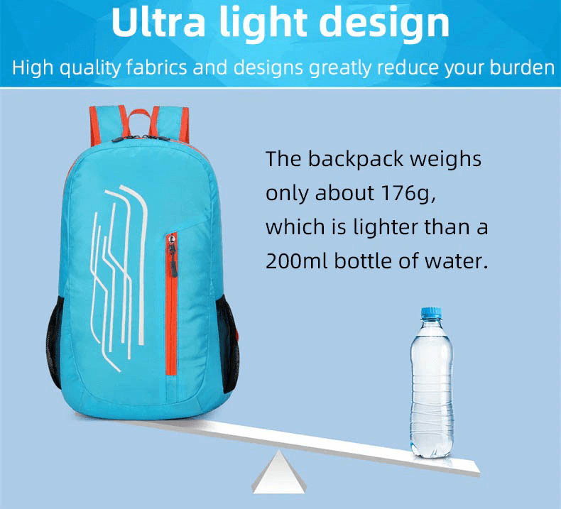Ultralight cycling backpack weighing 176g shown beside a 200ml water bottle for scale, highlighting its lightweight design.