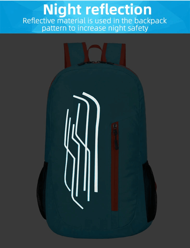 Reflective cycling backpack with night safety features displayed, ideal for cycling with 22L capacity and foldable design.