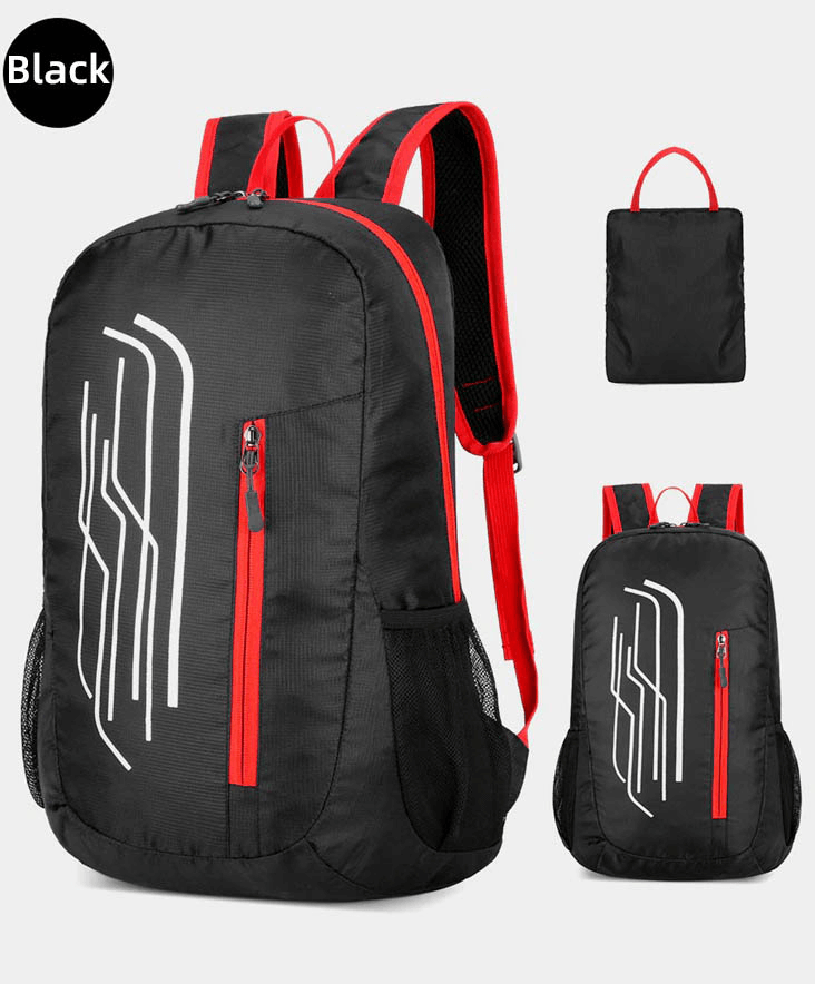 Black portable foldable ultralight 22L cycling backpack with red accents and compact pack for easy storage.