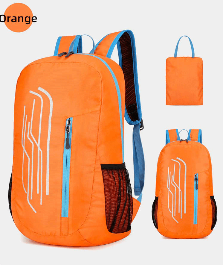 Orange 22L portable foldable ultralight cycling backpack with compact storage option and adjustable straps.