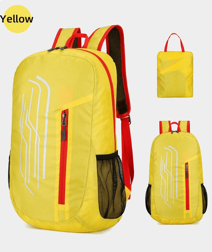 22L yellow folding ultralight cycling backpack with red highlights, lightweight and water-repellent, perfect for travel and storage.